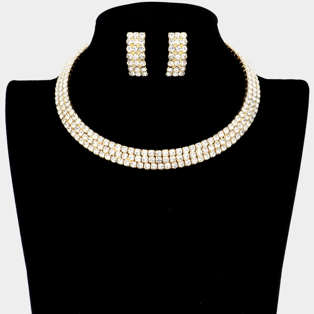 Gold Crystal Rhinestone Choker Necklace Cuff 3 Row Open Statement Jewelry Set